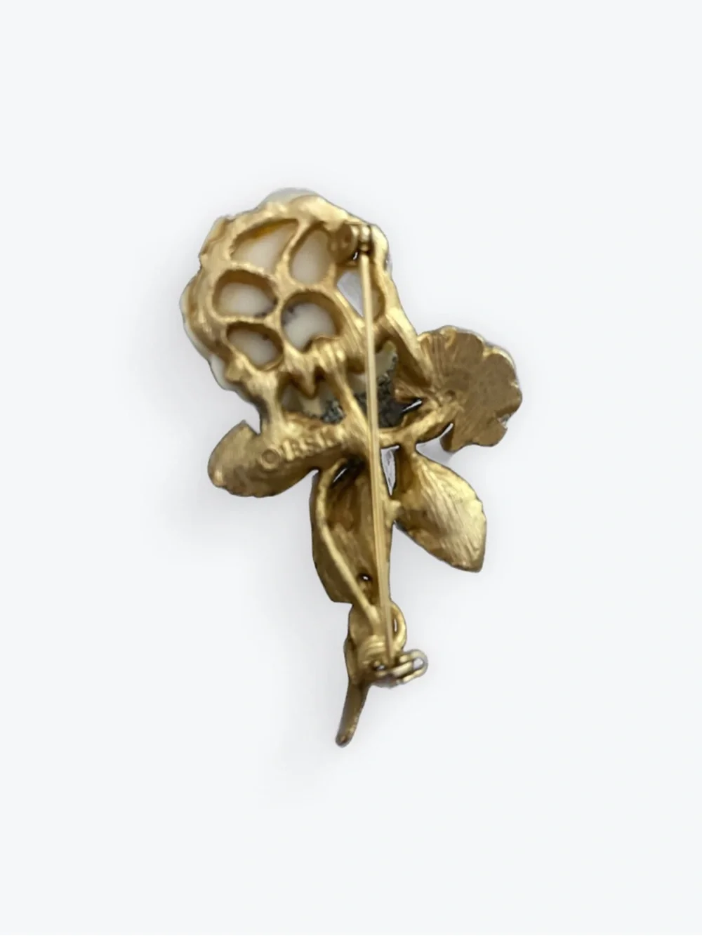 Vintage Signed BSK Celluloid Rose Brooch Gold-Toned and Rhinestones